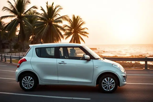 White Maruti Swift hatchback on a coastal road in Visakhapatnam