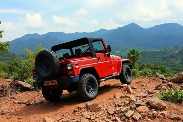 Red Mahindra Thar 4x4 on a rocky trail in Araku Valley