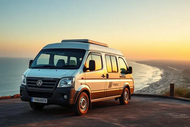 White Tempo Traveller van overlooking the Visakhapatnam coastline