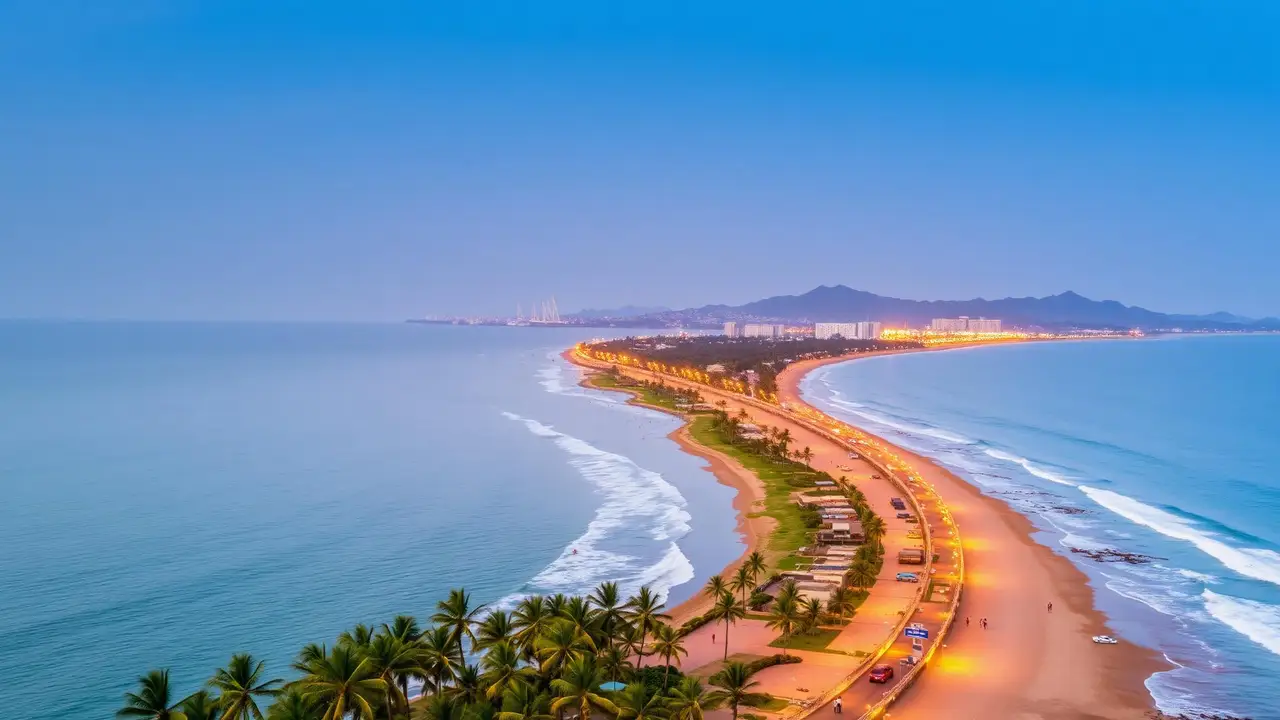 Tropical coastal town at sunset